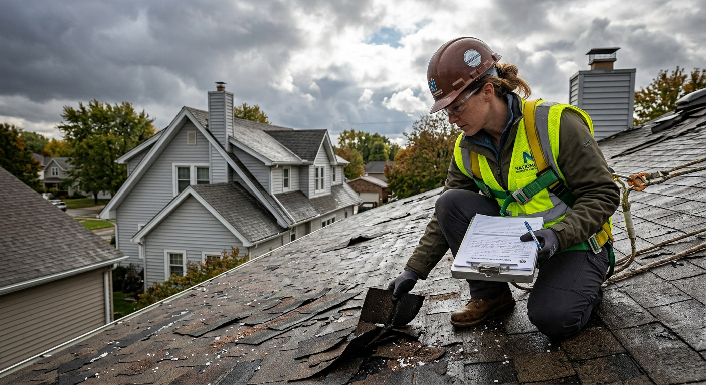 Roofing inspector examining storm-damaged shingles on a home